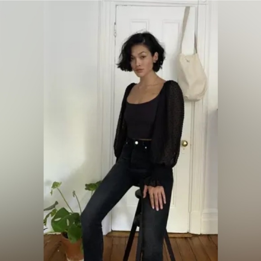 Urban Outfitters Cynthia Crop Top Sheer Dot Black Sheer Balloon Sleeve Blouse XS